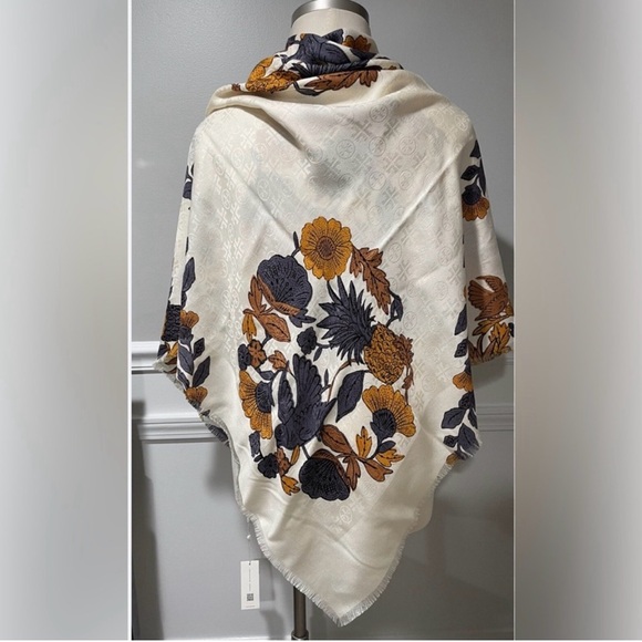 Tory Burch Other - Tory Burch Cream Floral Scarf with Mustard and Navy Blooms